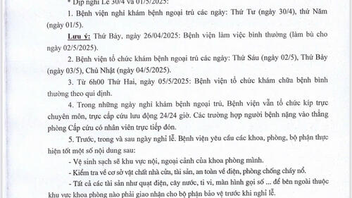 Thông báo lịch khám bệnh dịp nghỉ Lễ 30/4 và 01/5 năm 2025.
