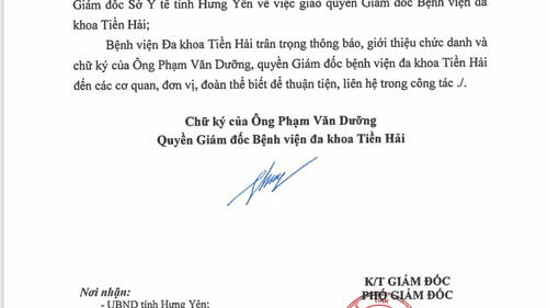 Bệnh viện Đa khoa Tiền Hải thông báo Về việc giao Quyền Giám đốc và giới thiệu chức danh, chữ ký của Quyền Giám đốc Bệnh viện Đa khoa Tiền Hải.
